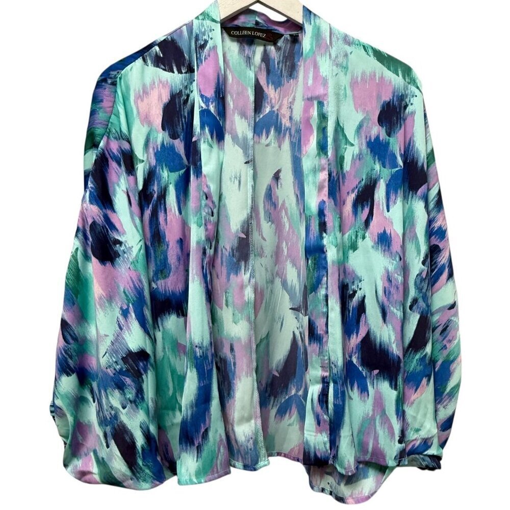 Colleen Lopez Shrug Top Medium Blue Print Satin Cocoon Light Jacket HSN